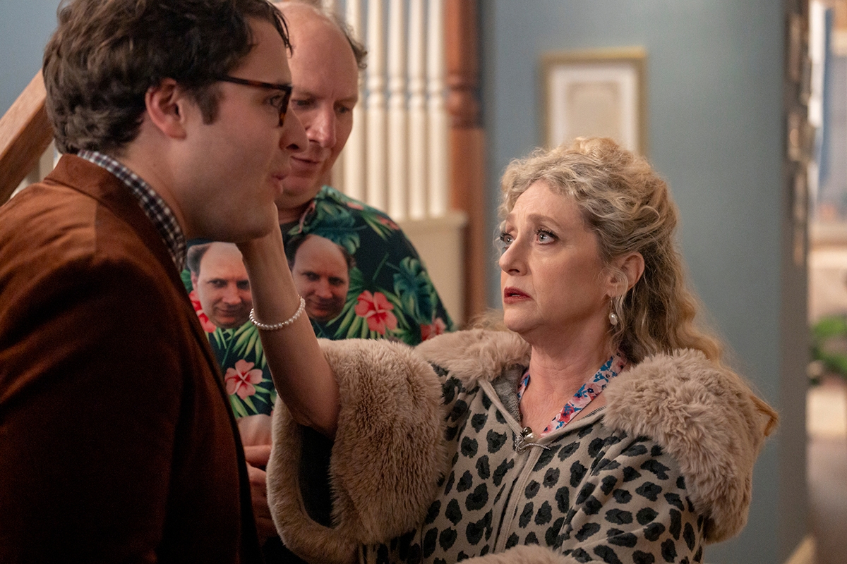 Dinner With The Parents - (L to R) Henry Hall as David Langer, Dan Bakkedahl as Harvey Langer, Carol Kane as Nana in episode 101 of Dinner With The Parents.