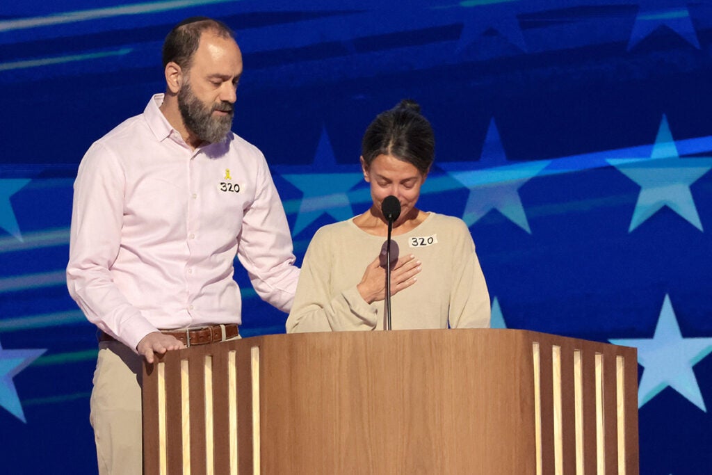 DNC CHICAGO, IL AUGUST 21, 2024 Jon Polin, left, and Rachel Goldberg, parents of Hersh Goldberg-Polin, speak on the third day of the Democratic National Convention Wednesday, Aug. 21, 2024, in Chicago, IL
