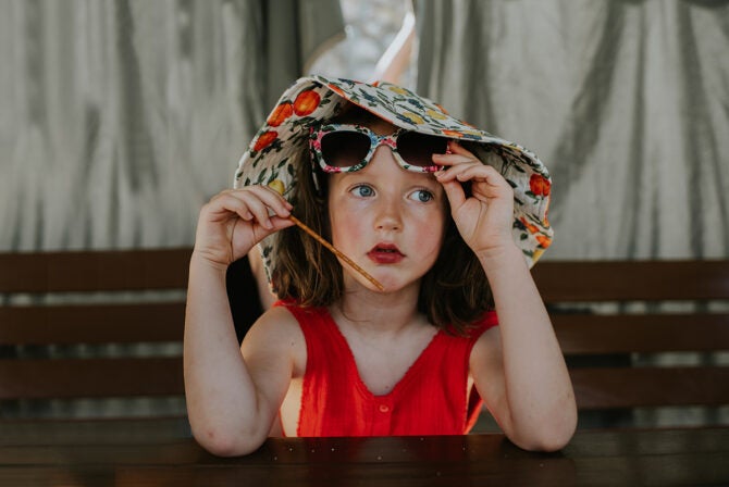 Portrait of a little girl wearing a sunhat and sunglasses