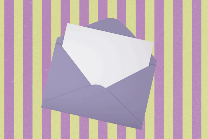 A purple envelope on a green and purple striped background