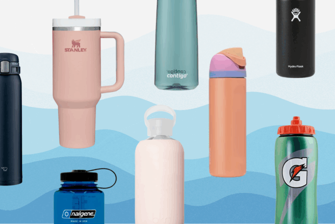 Photographs of eight different brands of water bottles on a blue and white waev background