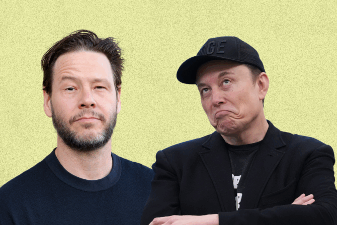 A photo of Ike Barinholtz and a photo of Elon Musk, on a yellow background.