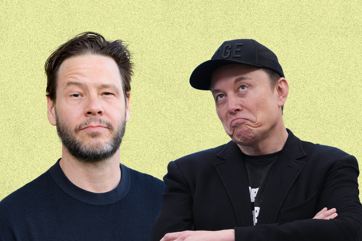 A photo of Ike Barinholtz and a photo of Elon Musk, on a yellow background.