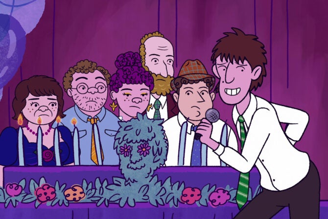 Long Story Short (L to R) Lisa Edelstein as Naomi Schwartz, Ben Feldman as Avi Schwooper, Abbi Jacobson as Shira Schwooper, Paul Reiser as Elliot Cooper, Dave Franco as Danny and Max Greenfield as Yoshi Schwooper in Long Story Short.