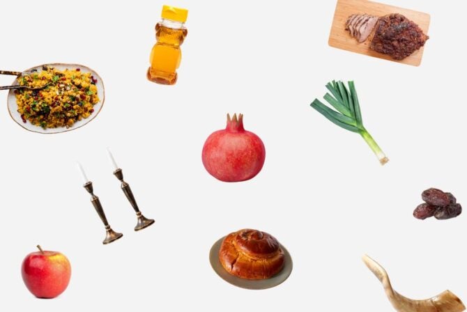 pomegranate, apple, honey, leek, shofar, round challah, candles, brisket