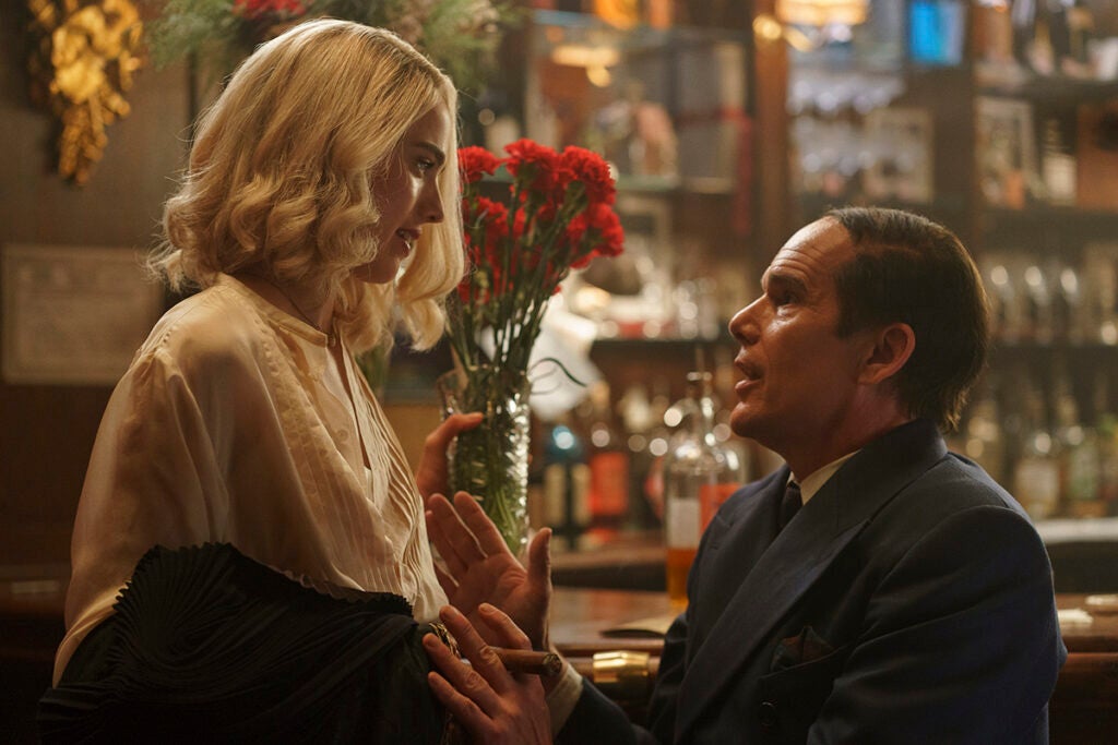 Maraget Qualley as Elizabeth and Ethan Hawke as Lorenz "Larry" Hart in "Blue Moon"