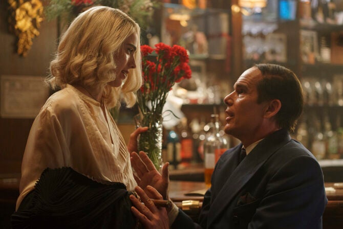 Maraget Qualley as Elizabeth and Ethan Hawke as Lorenz "Larry" Hart in "Blue Moon"