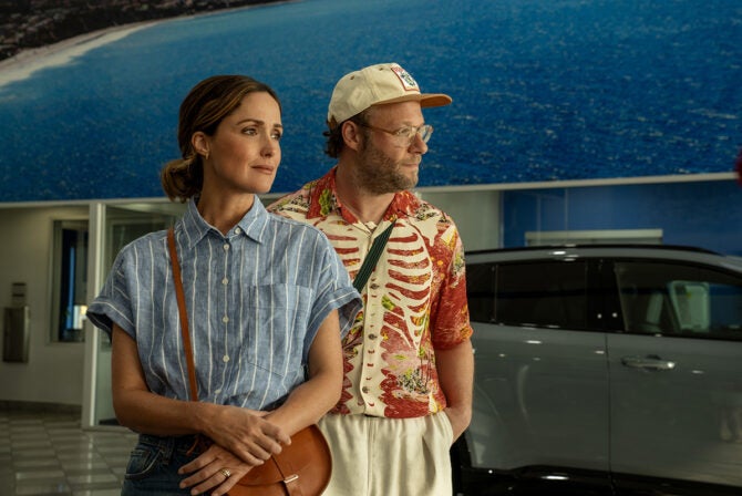 Rose Byrne as Sylvia and Seth Rogen as Will in "Platonic"