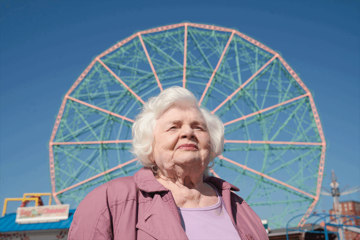 June Squibb in "Eleanor the Great" by the ferris wheel in Coney Island