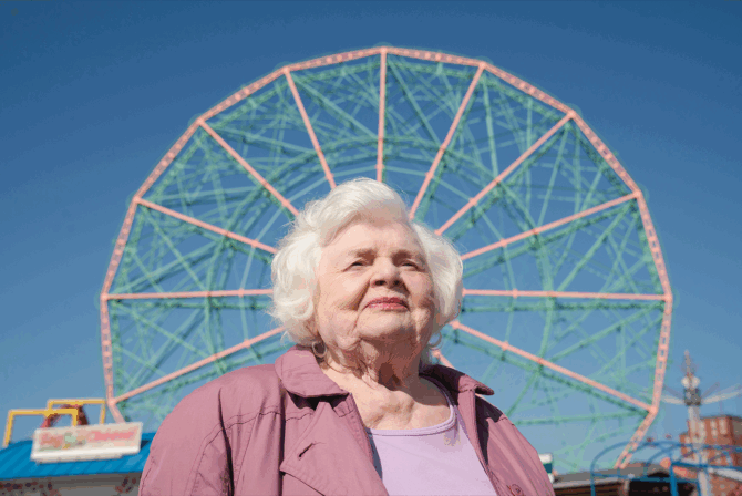 June Squibb in "Eleanor the Great" by the ferris wheel in Coney Island