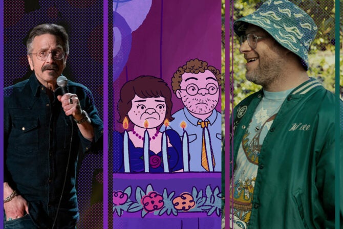 Three screenshots depicting three Jewish-themed or Jewish-adjacent shows to stream this August 2025: Marc Maron: Panicked, Long Story Short (an animated show that stars Paul Reiser, Lisa Edelstein, Ben Feldman, Abbi Jacobson and Max Greenfield) and Platonic with Seth Rogen.
