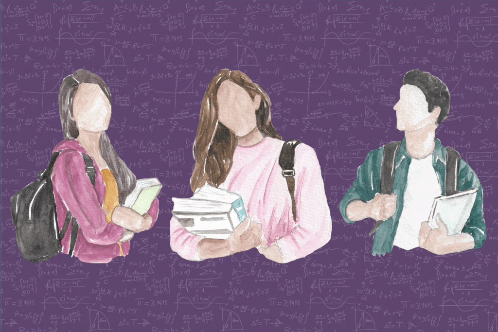 Watercolor images of three college students