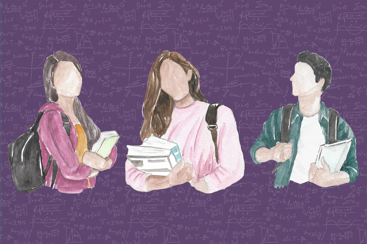 Watercolor images of three college students