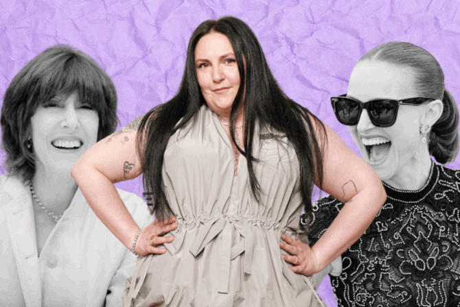 Nora Ephron, Lena Dunham and Natalie Portman on a purple background