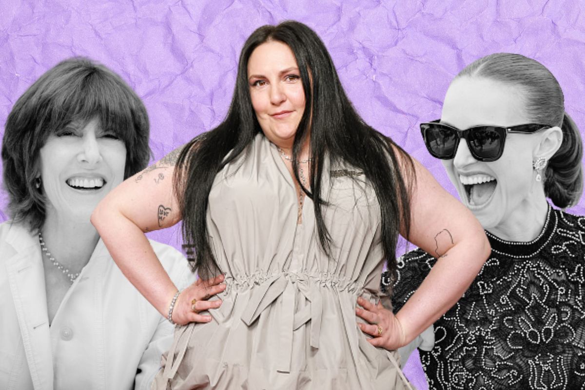 Nora Ephron, Lena Dunham and Natalie Portman on a purple background