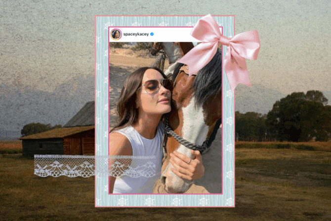 A screenshot of an Instagram post from Kacey Musgraves, featuring her and a horse, with a photo of a stable in the background.