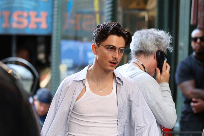 Timothée Chalamet wearing a Jewish star necklace while ilming 'Marty Supreme' on October 07, 2024 in New York City.
