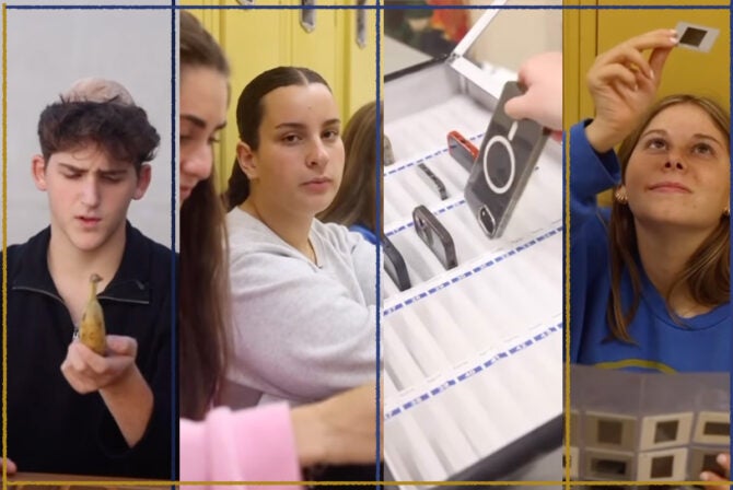 Stills from Frisch School/Yeshivat Frisch's cellphone ban video