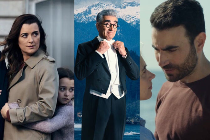 Ziva David from "NCIS: Tony & Ziva," Eugene Levy in "The Reluctant Traveler" and Brett Goldstein in upcoming Apple TV+ romcom