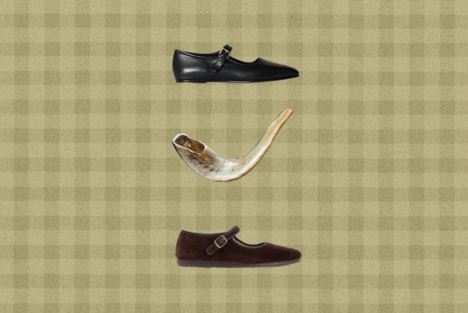 Two pairs of shoes and a shofar on a green gingham background