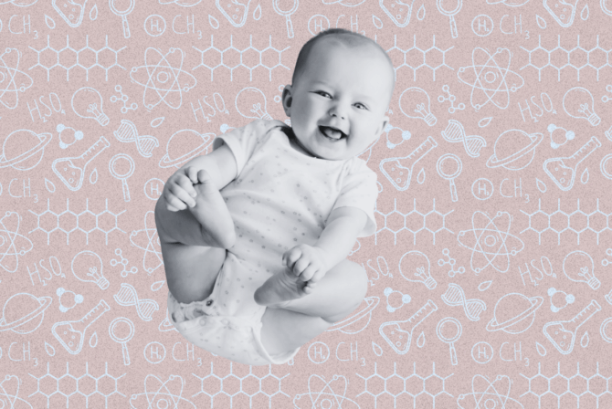 A black and white photo of a laughing baby on a pink and blue background of science symbols