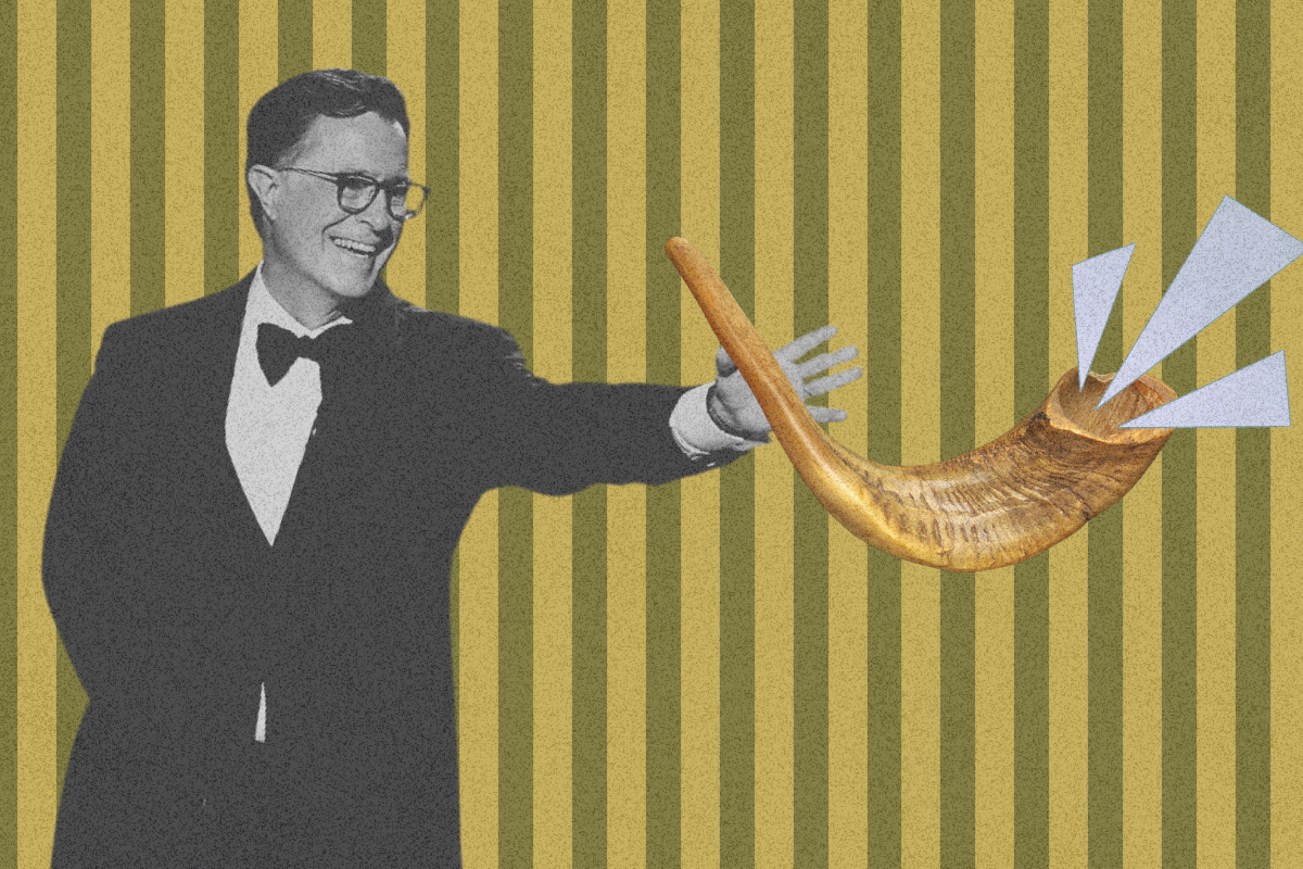 A collaged together photo of Stephen Colbert with a shofar on a green striped background.