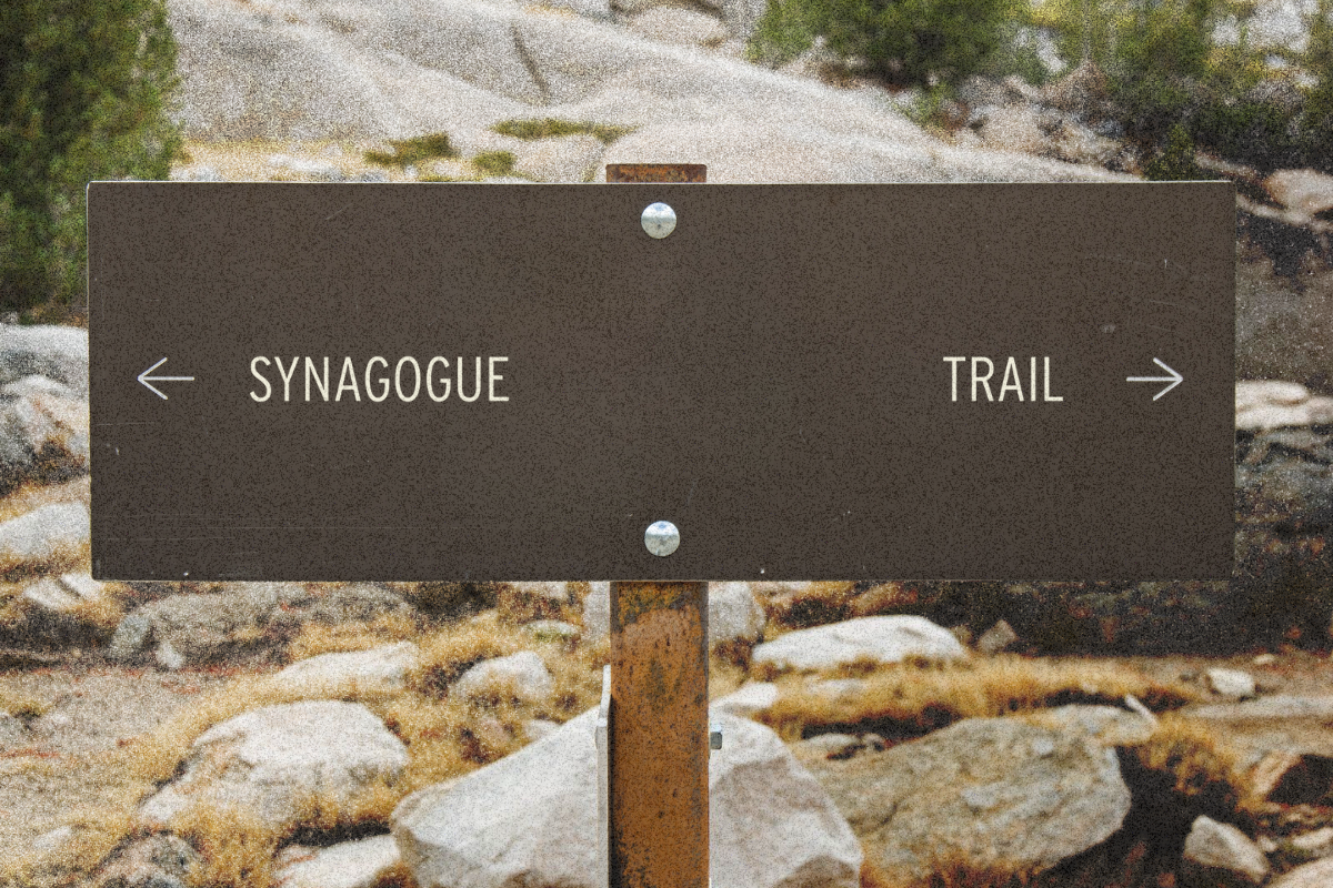 A sign on a hiking trail that has an arrow pointing one way toward "synagogue" and another pointing the other way toward "trail"