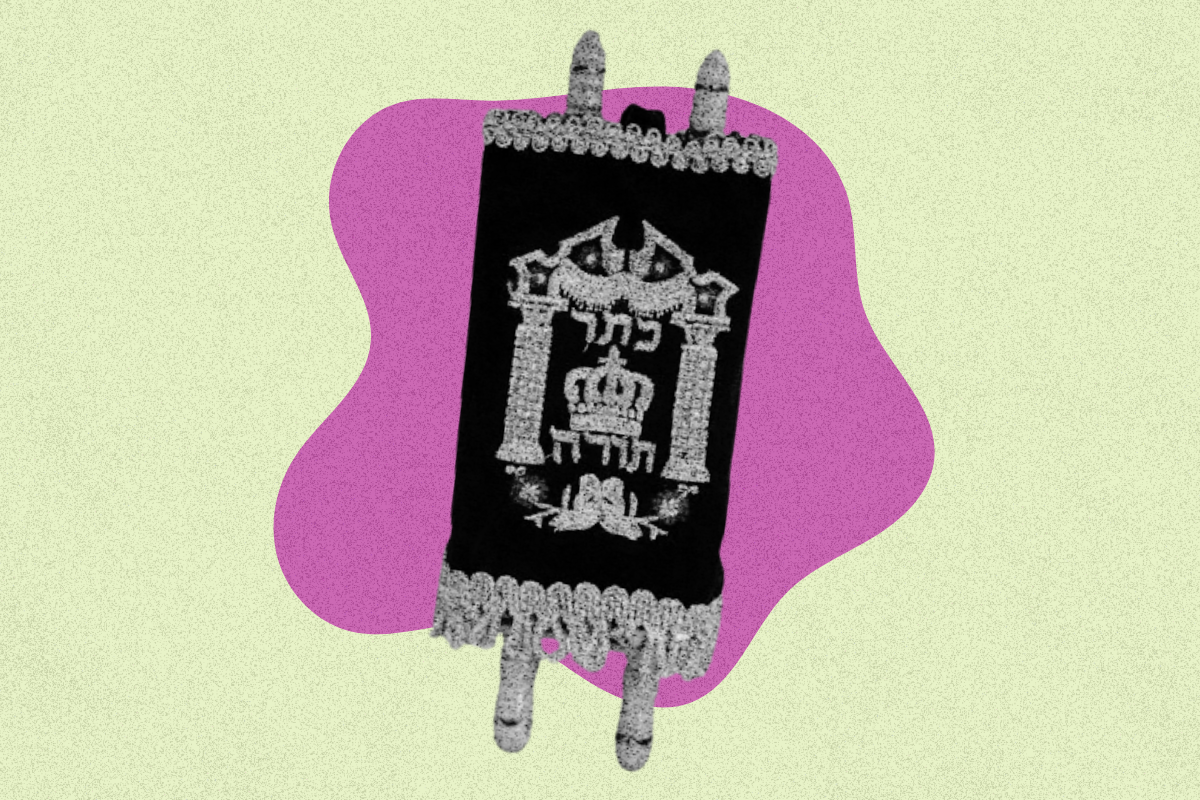 A black and white photo of a mini torah on a colorful background.