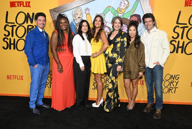 Ben Feldman, Nicole Byer, Abbi Jacobson, Angelique Cabral, Lisa Edelstein, Michaela Dietz, Max Greenfield at the Netflix "Long Story Short" Special Screening held at Tudum Theater on August 18, 2025 in Los Angeles, California.