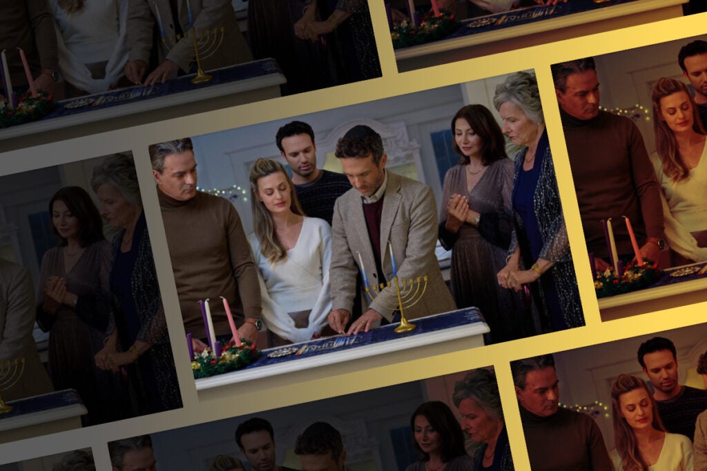 Still from Hallmark's 2025 Hanukkah movie, "Oy to the World"