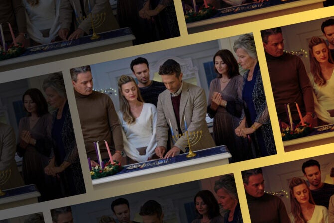 Still from Hallmark's 2025 Hanukkah movie, "Oy to the World"