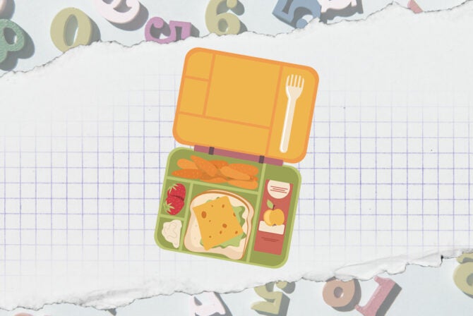 an illustration of a school lunch for a piece about dairy school lunches