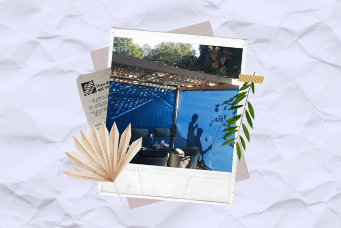 A stack of items including a receipt, a polaroid of a sukkah, and dried leaves.