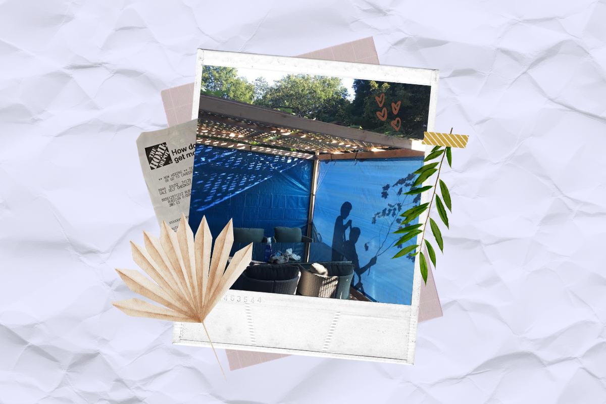 A stack of items including a receipt, a polaroid of a sukkah, and dried leaves.