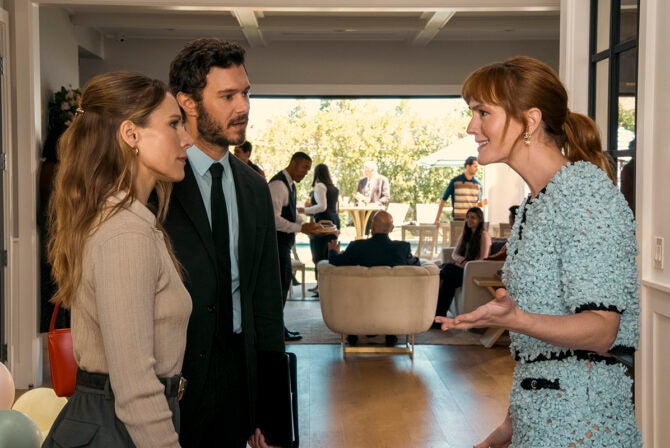 Nobody Wants This. (L to R) Kristen Bell as Joanne, Adam Brody as Noah, Leighton Meester as Abby in episode 205 of Nobody Wants This.