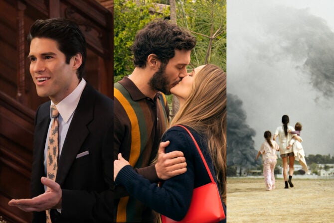A collage of Trevor from CBS' "Ghosts," Noah and Joanne from Netflix's "Nobody Wants This," and a still from Paramount+'s "Red Alert"