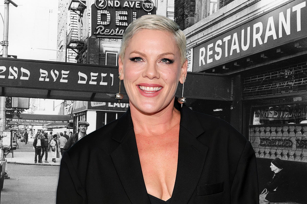 A photo of singer Pink on a background photo of New York's 2nd Avenue Deli