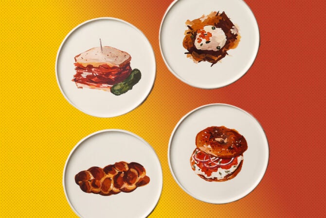 West Elm plates with deli sandwich, latkes, challah and lox bagel